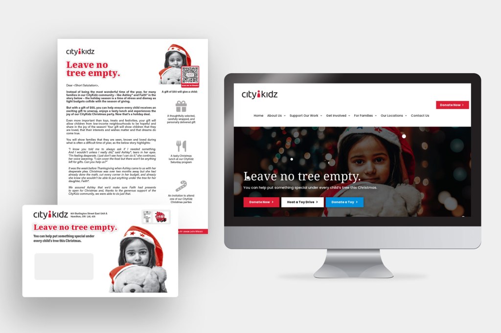 Samples from a community-focused marketing campaign including digital and print assets